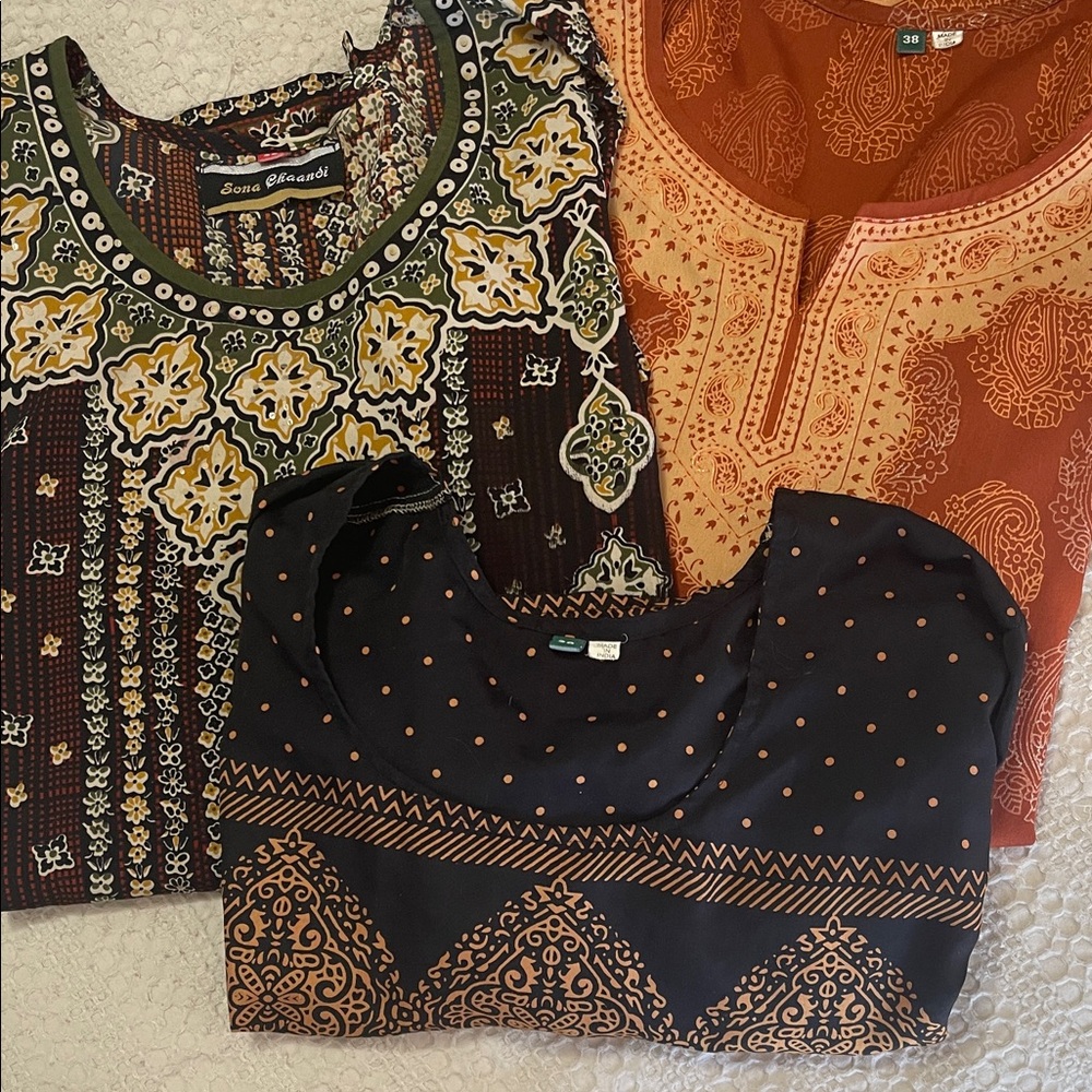 Bundle of three Indian tunics, Classic Women's Patterned Blouses - Black, Orange